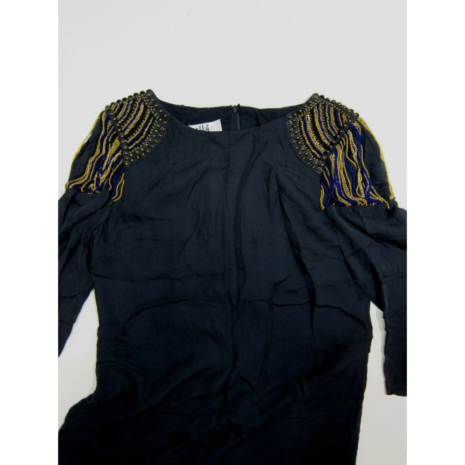Tibi Tibi Dress Women Size 6 Black Blue Silk Beaded Shoulders Shift Sheath 100% Silk Size M / US 6-8 / IT 42-44 - 5 Thumbnail