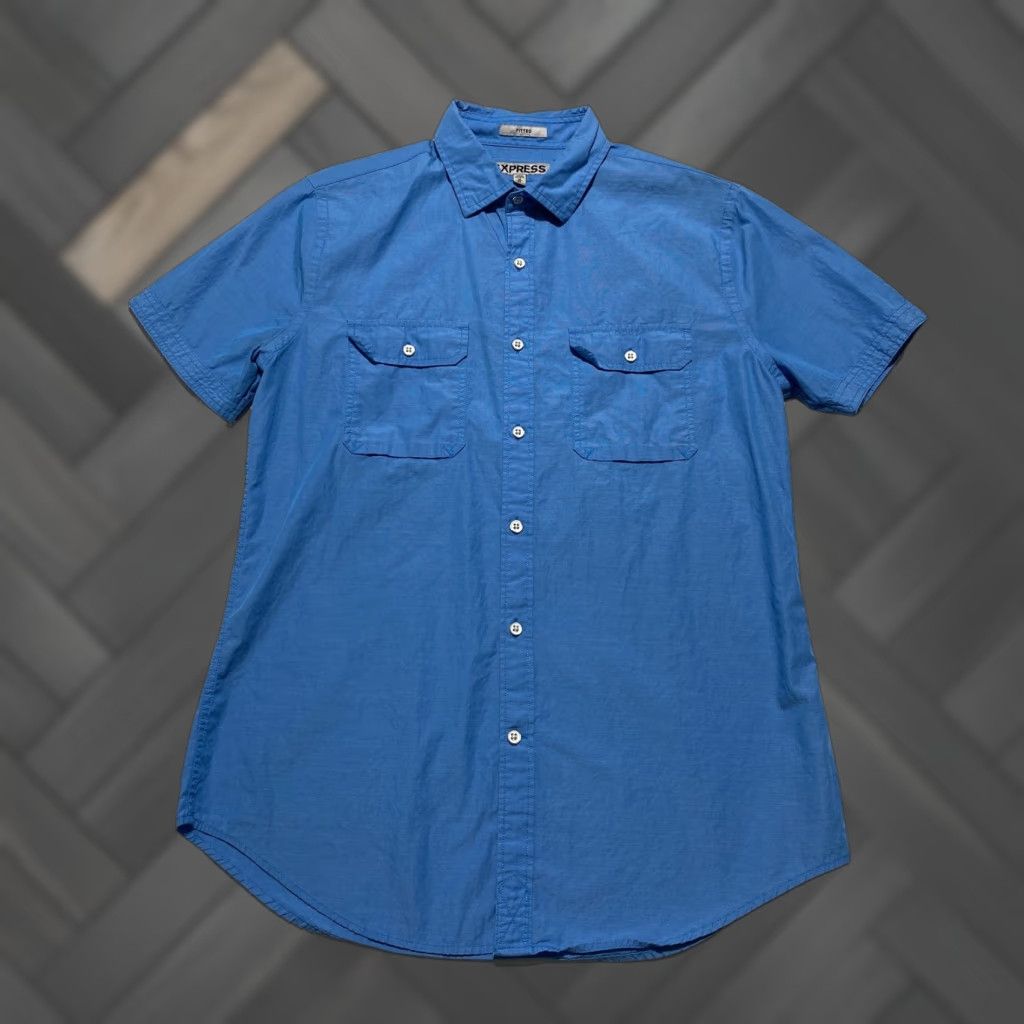 Express Express Shirt Mens Medium Blue Fitted Short Sleeve Button Front Cotton Casual Size US M / EU 48-50 / 2 - 1 Thumbnail