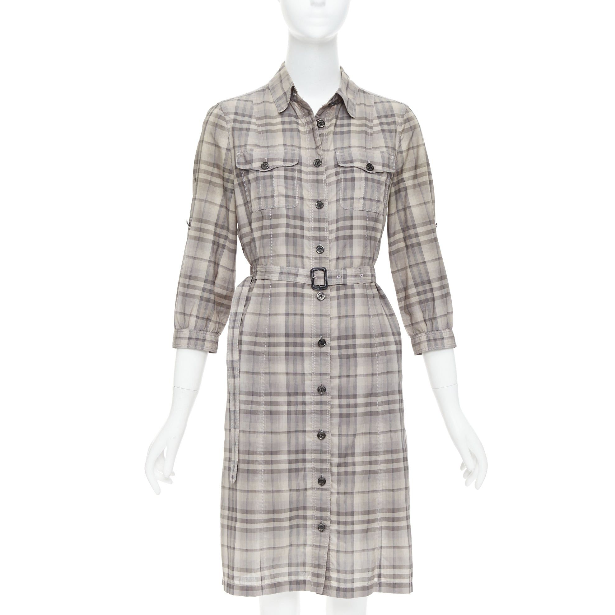 Burberry BURBERRY House Check beige cotton cowhide belted shirt dress IT38 XS Size XS / US 0-2 / IT 36-38 - 1 Thumbnail