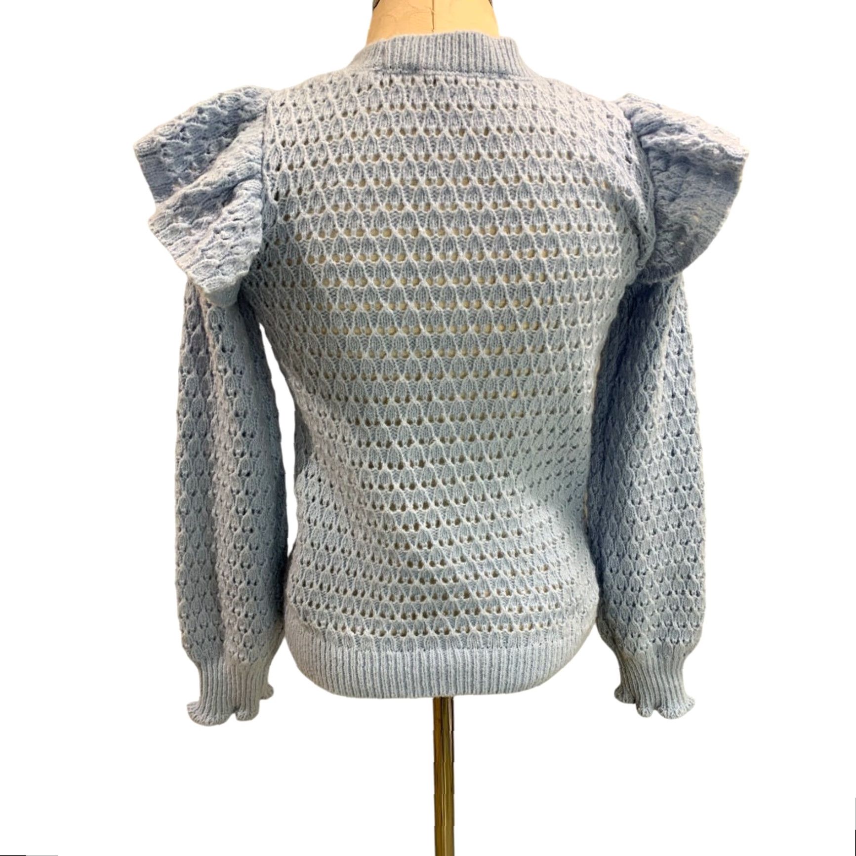 Loft VINTAGE Loft XS Womens Blue Open Weave Sweater Ruffle Shoulder Pullover Size XS / US 0-2 / IT 36-38 - 6 Thumbnail