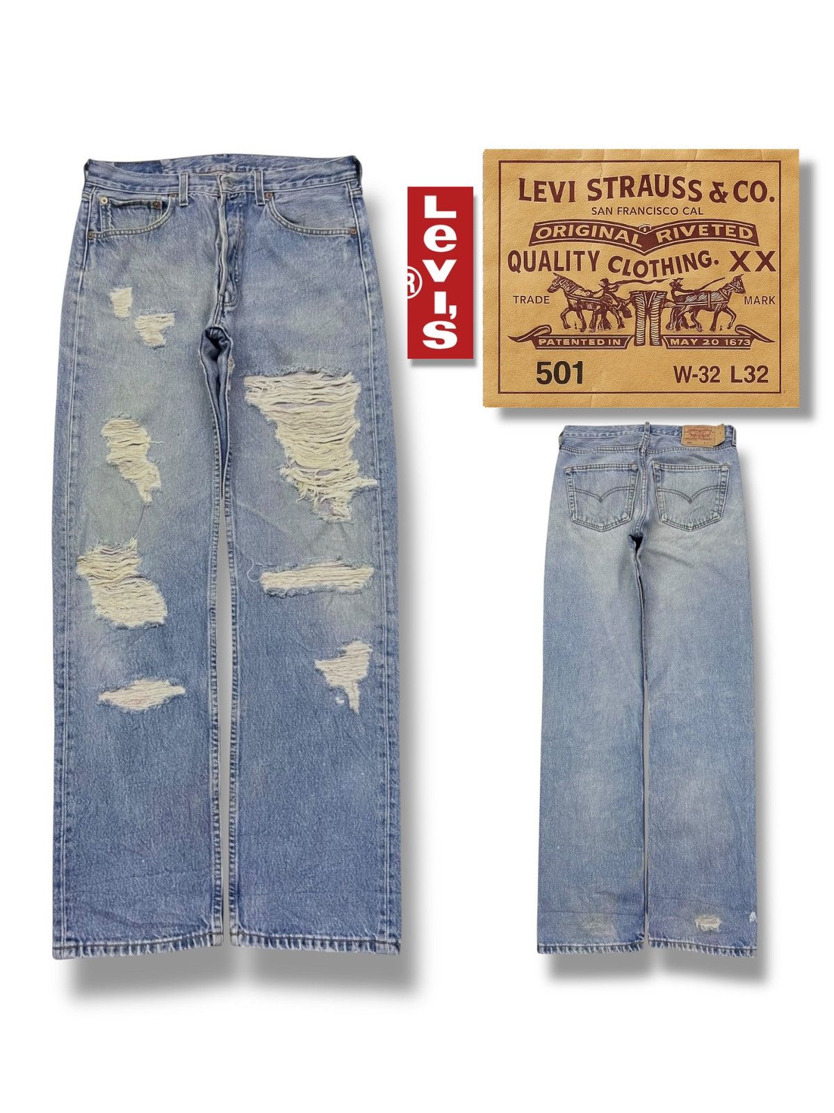 Levi's Vintage 00s Levi’s 501 - Faded Light Wash, Heavy Distressed Size US 30 / EU 46 - 1 Thumbnail