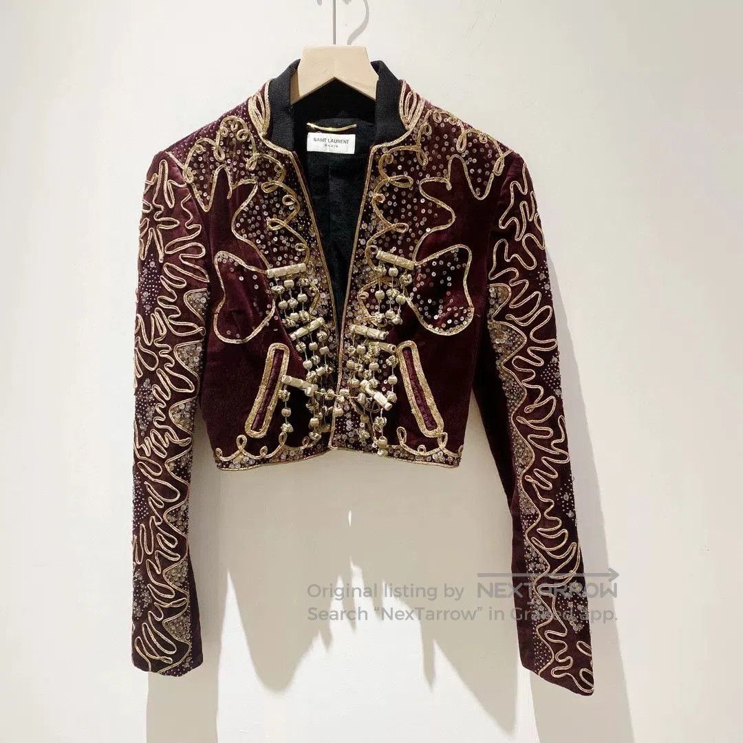 Saint Laurent Paris Saint Laurent Burgundy Embroidered Velvet Jacket. Size S / US 4 / IT 40 - 1 Thumbnail