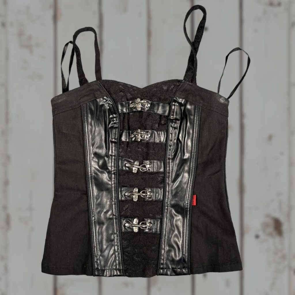 VINTAGE Tripp NYC Punk Goth Black Corset Tank Top Buckles Clasps SZ Small Women Tank S Black Punk Grunge Lace 90s Womens