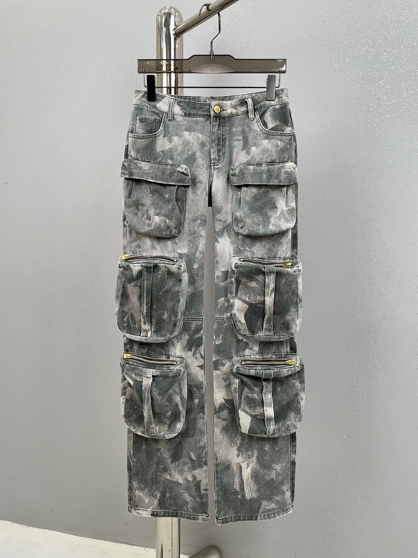 Multi Pocket Camouflage Denim Cargo Pants Loose