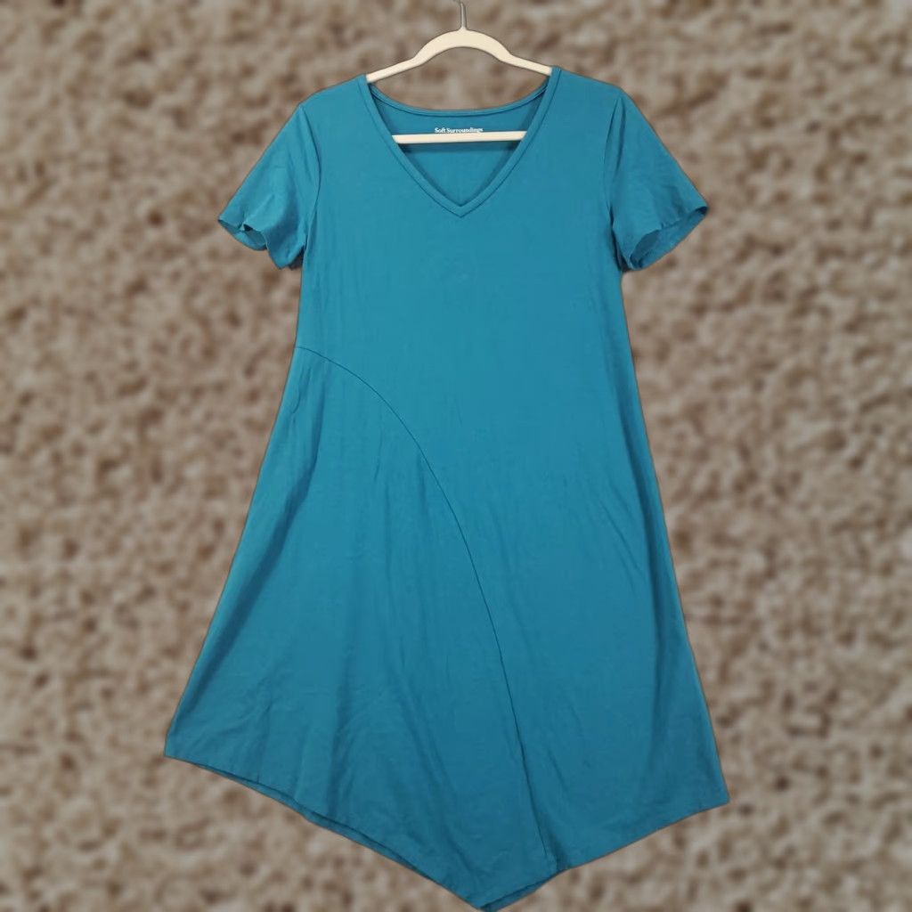 Soft Surroundings Soft Surroundings Dress Womens Small Blue Green Asymmeti Hem V Neck Short Sleeve Dress Size 28" / US 6 / IT 42 - 1 Thumbnail