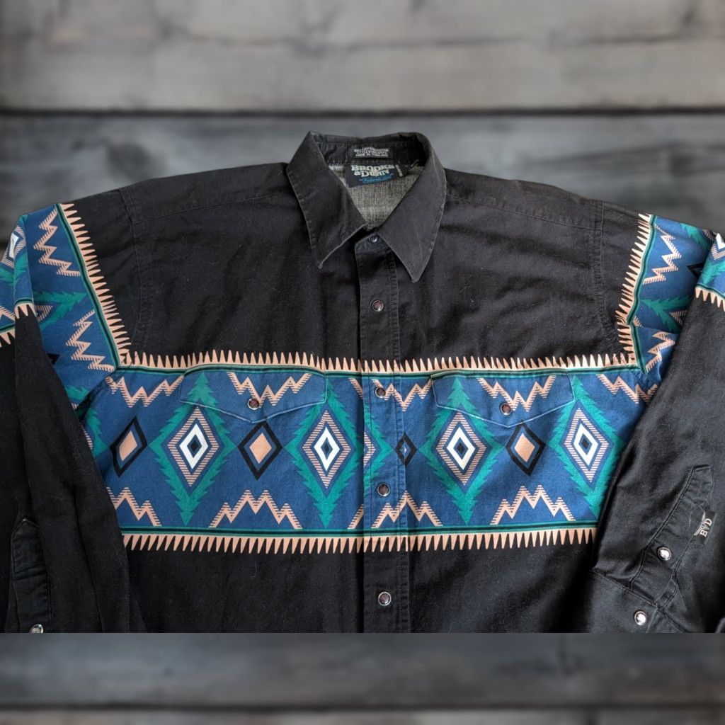 Brooks VINTAGE BROOKS & DUNN Shirt Mens L Black Aztec Snap Geometric Cowboy Western Southwestern Country Button-Up Long Sleeve Size US L / EU 52-54 / 3 - 1 Thumbnail