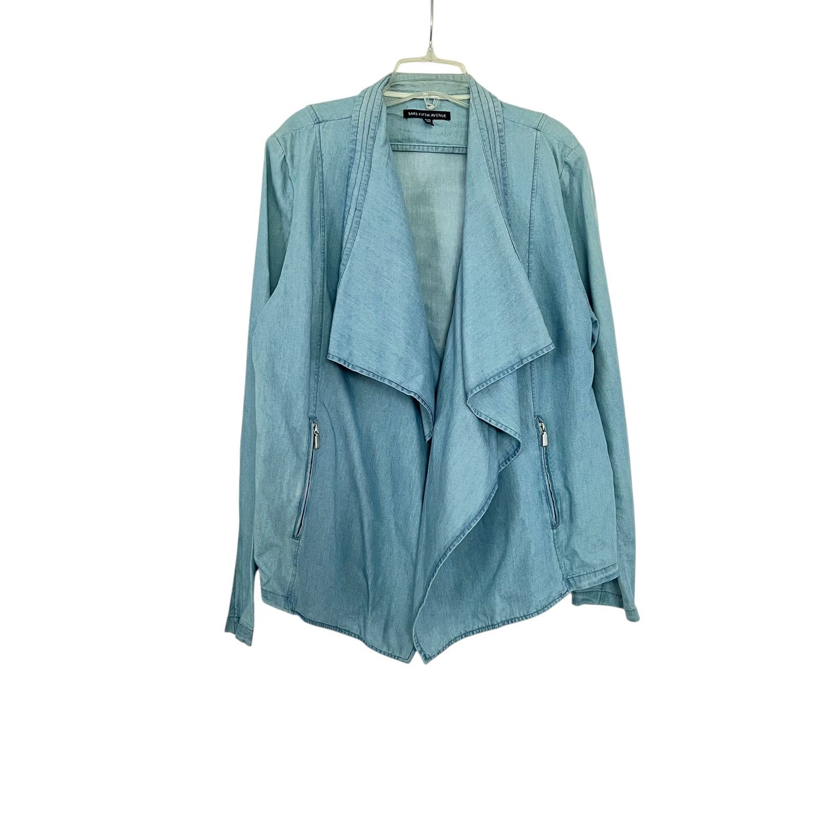 Saks Fifth Avenue Blue Chambray Waterfall Open Front Jacket
