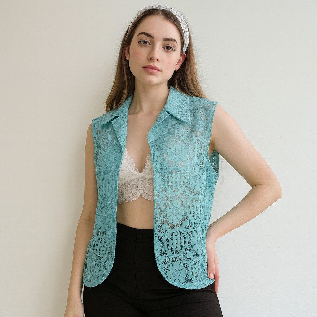 Other Vintage 1960s Mod Blue Lace Open Boho Cottagecore Vest M Size M / US 6-8 / IT 42-44 - 1 Thumbnail