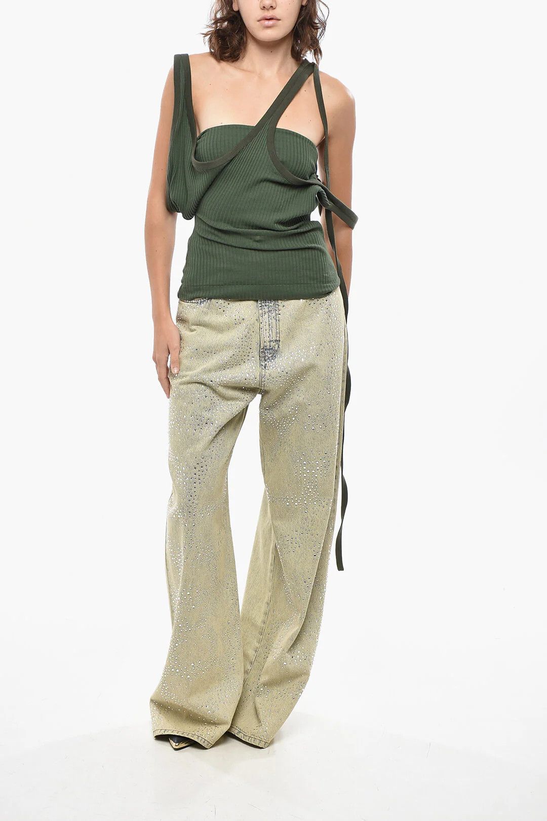The Attico og1mm0426 Asymmetric Ribbed Cotton-Blend Tank Top in Green Size M / US 6-8 / IT 42-44 - 4 Thumbnail