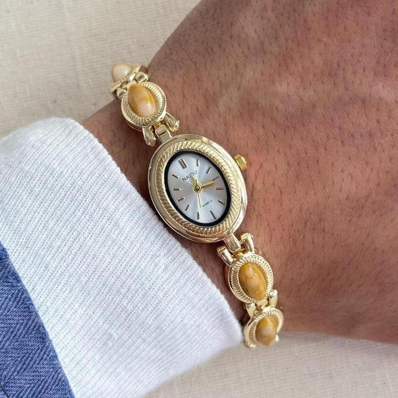 Japanese Brand y2k gold round stainless quartz yellow stone charm watch Size ONE SIZE - 1 Thumbnail