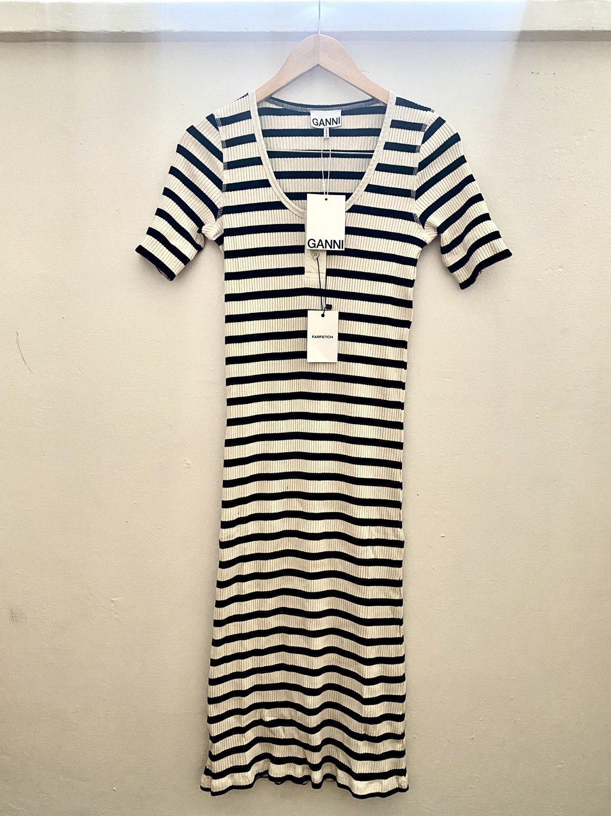 image of Ganni Dress Stripped in White, Women's (Size XS)