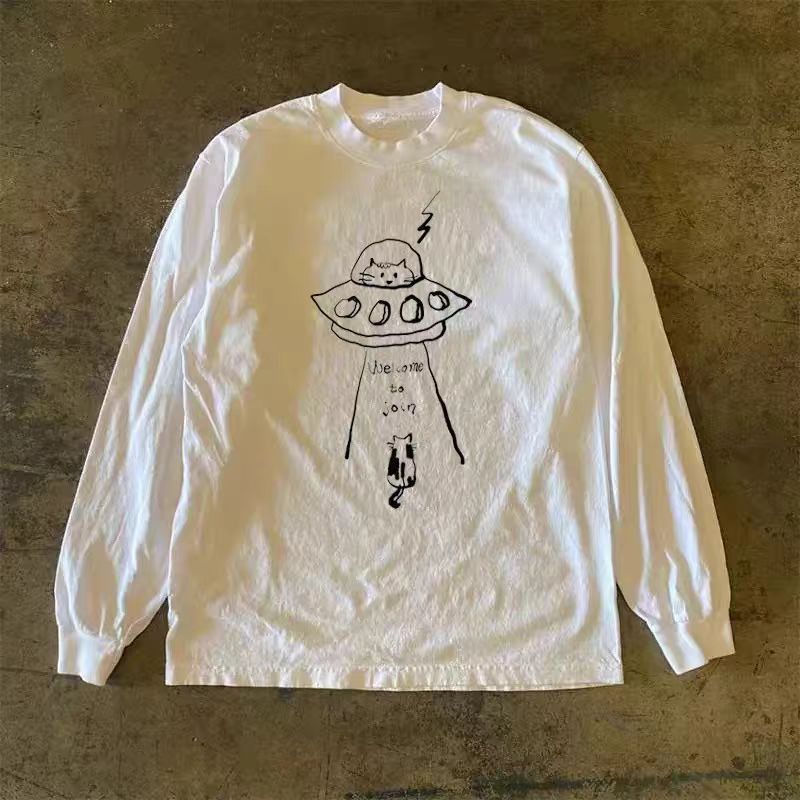 Vintage White casual retro fun cat print long-sleeved t-shirt Size US M / EU 48-50 / 2 - 1 Thumbnail