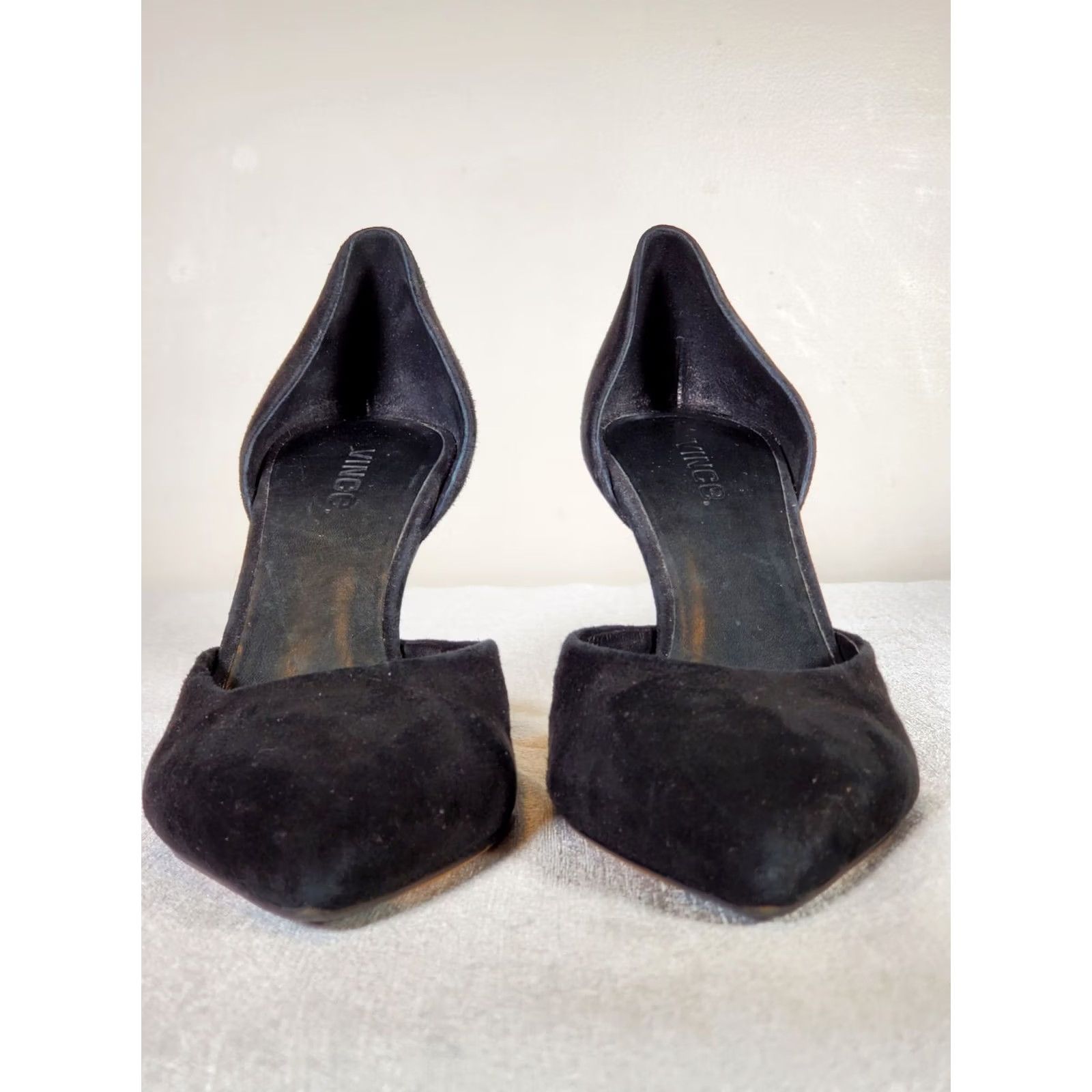 Vince Camuto Vince Paulette Black Suede Pointy Toe Slip On d'Orsay Pumps Women US 9 M High Heel Stiletto EU40 Classic Leather Upper Vintage? Size US 9 / IT 39 - 5 Thumbnail