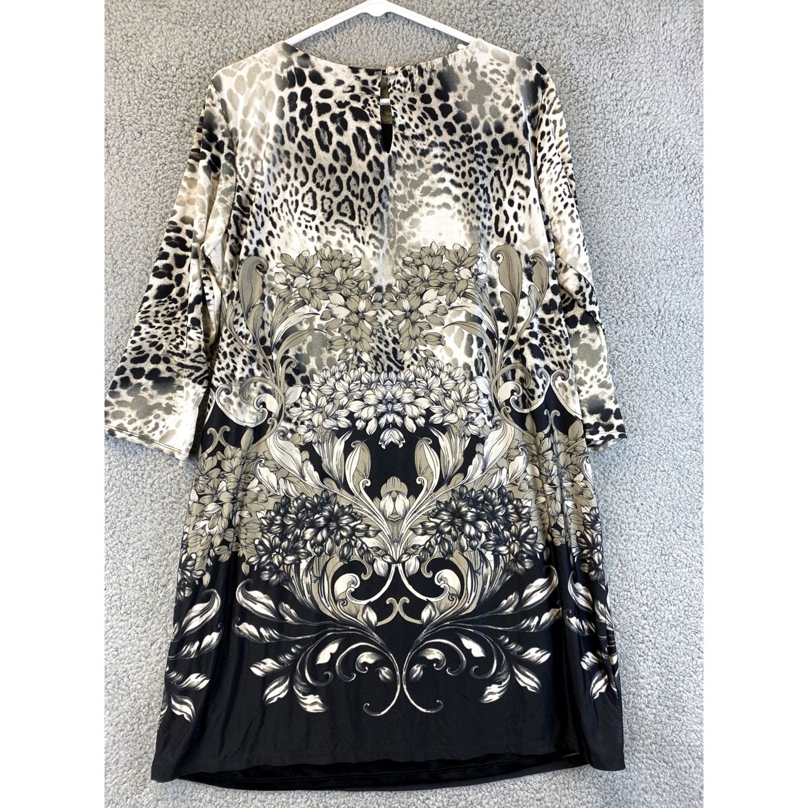 Vintage Wallis Dress Women’s L Stretch Jersey Round Neck Animal Print Pullover Knee Length 3/4 Sleeve Black Grey Plus Size L / US 10 / IT 46 - 6 Thumbnail