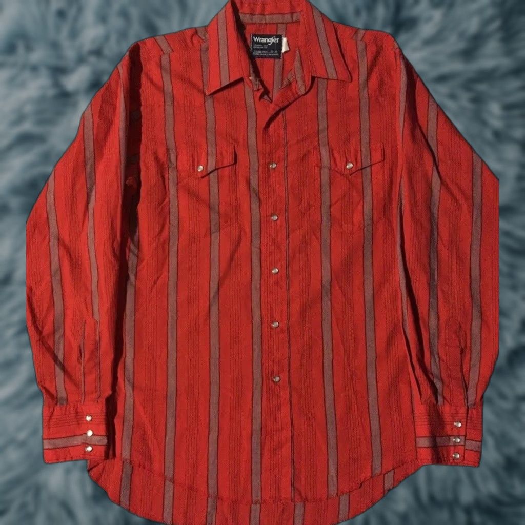 Wrangler VINTAGE Wrangler Striped Pearl Snap Shirt M 16-35 Red Cotton Button-Up Casual Men Square Collared Rodeo 70s 80s Southwestern USA Mens Size US M / EU 48-50 / 2 - 1 Thumbnail