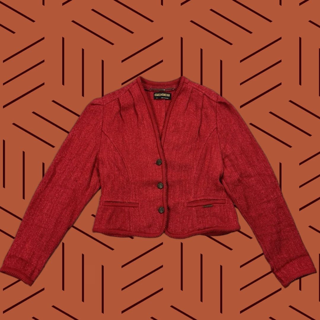 Vintage Geiger Austrian Women's Linen Blend Textured 3-Button Single-Breasted Blazer Red Size 40 Formal Casual Outdoor Equestrian