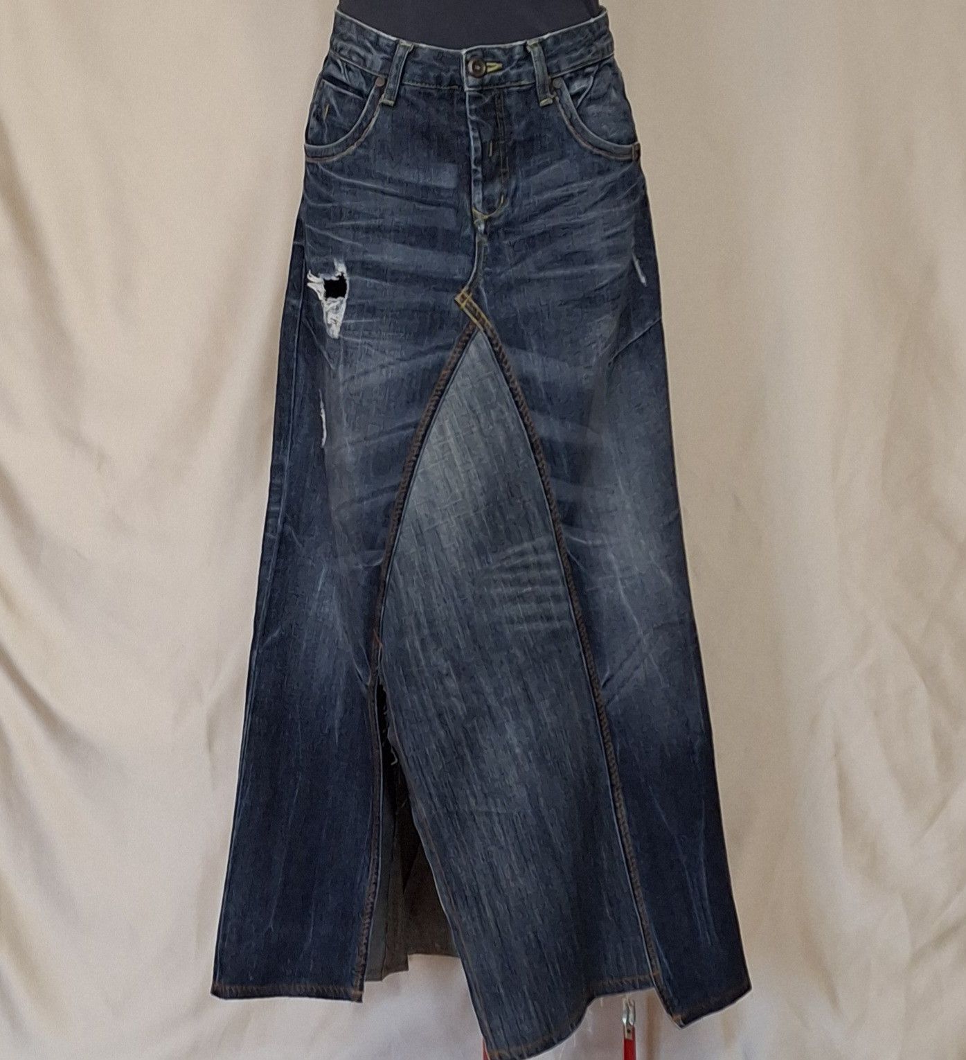 Handmade Avant Garde Deconstructed Rigid Denim Maxi Skirt Size 32" / US 10 / IT 46 - 1 Thumbnail