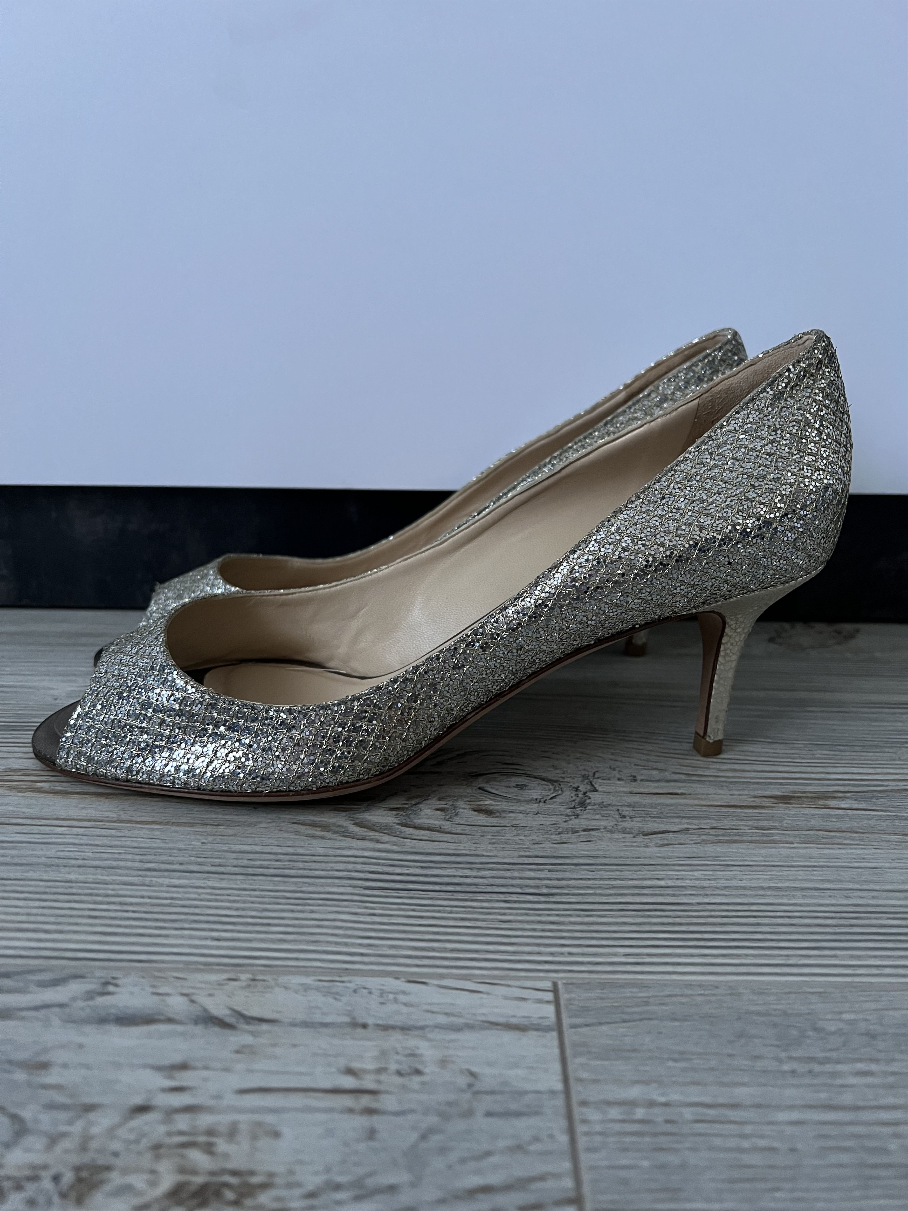 Jimmy Choo Jimmy Choo Silver Glitter Peep Toe Leather Heels Size 40 Size US 10 / IT 40 - 2 Thumbnail