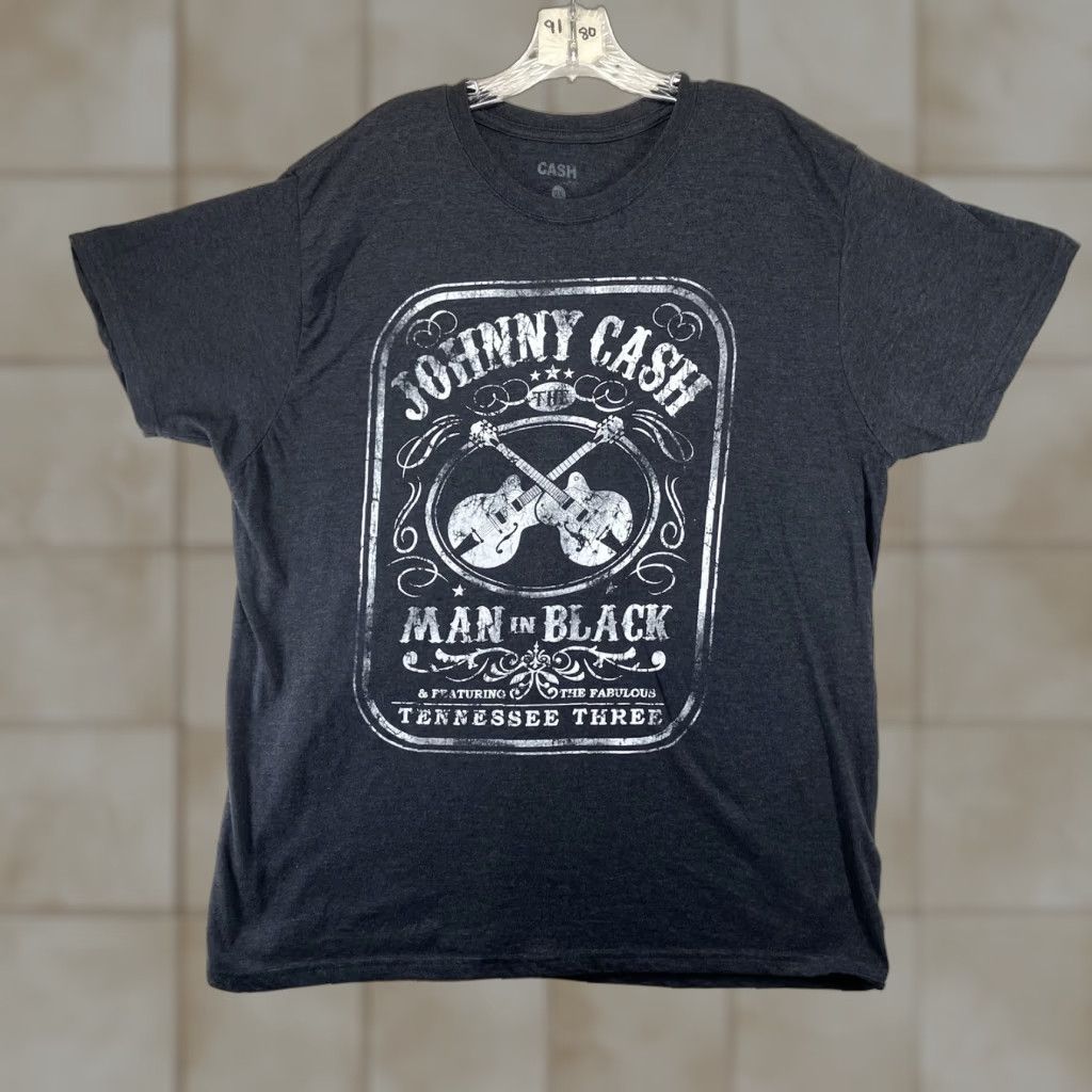 Vintage Johnny Cash Shirt The Man in Black featuring Fabulous Tennessee Three 2X BIG Mens Black Cotton Graphic Print Short Sleeve Crew Neck Size US XXL / EU 58 / 5 - 1 Thumbnail