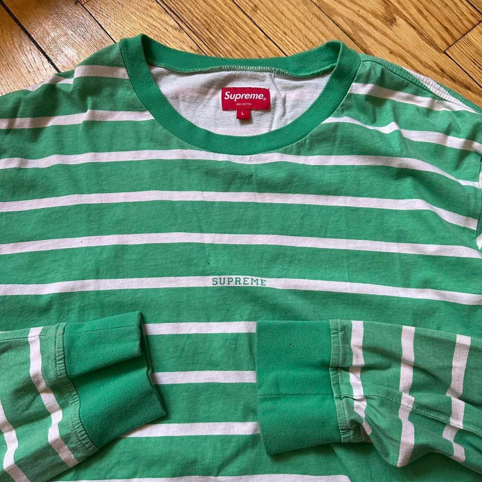 Supreme Supreme Green Striped Logo Spellout Basic Longsleeve Shirt Size US L / EU 52-54 / 3 - 4 Thumbnail