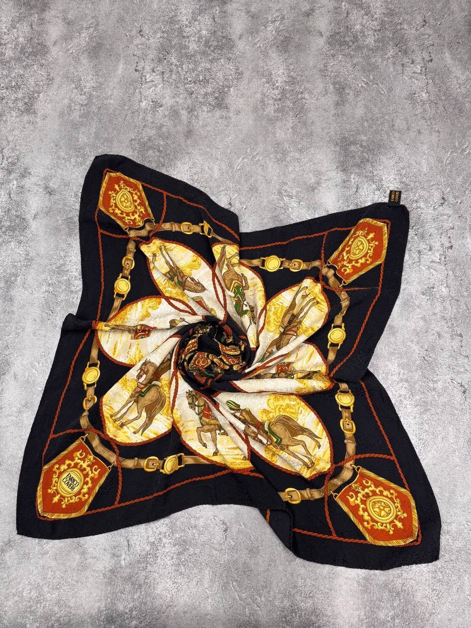 Enrico Coveri Enrico Coveri Silk Scarf Equestrian Print Navy Gold Vintage Size ONE SIZE - 1 Thumbnail