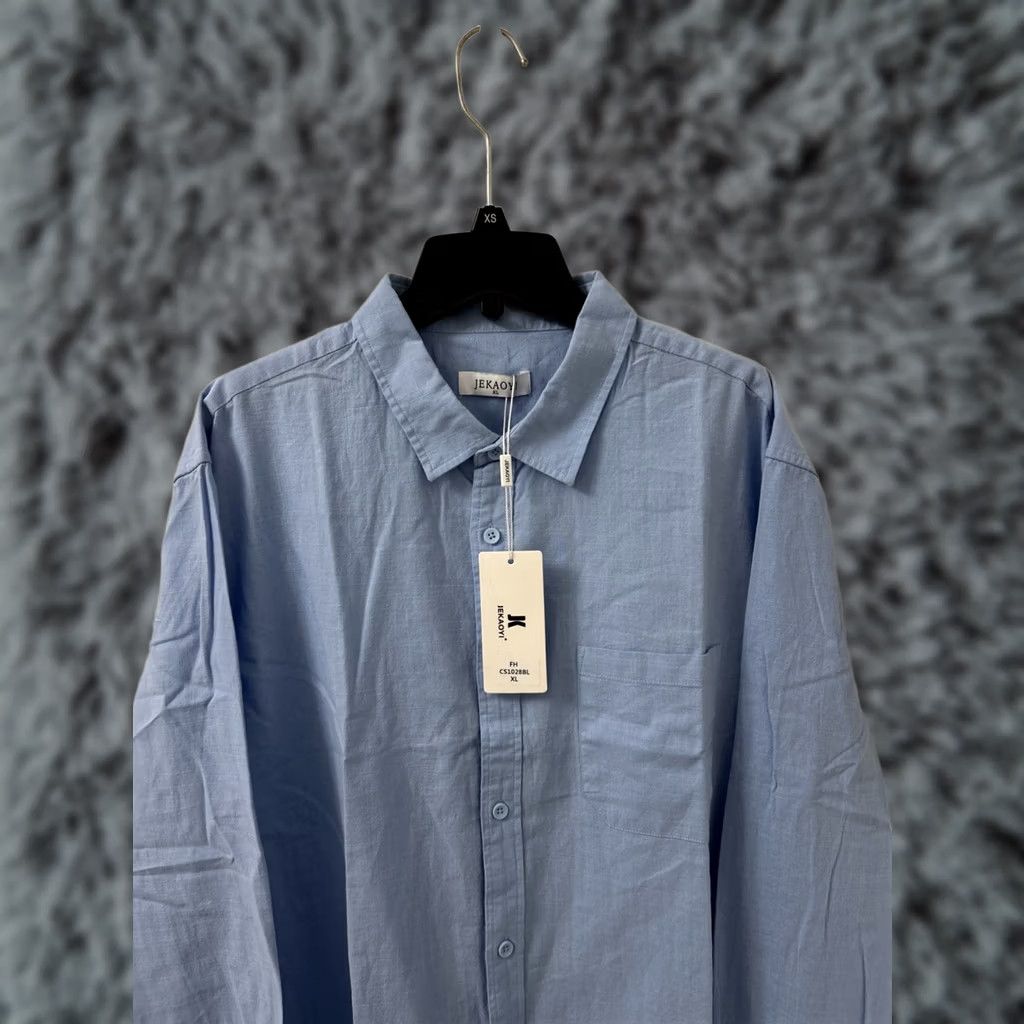 Vintage Jekaoyi Shirt Mens XL Blue Cotton Linen Blend Button-Down Long Sleeve Shirt Size US XL / EU 56 / 4 - 1 Thumbnail