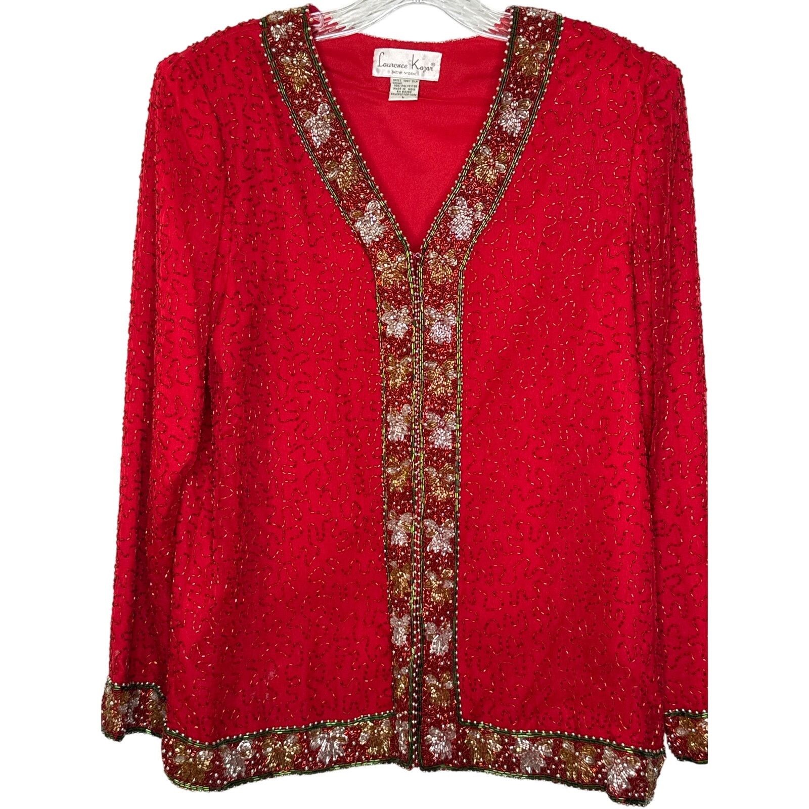 Vintage Vtg Laurence Kazer Silk beaded red formal cardigan Jacket L Size L / US 10 / IT 46 - 1 Thumbnail