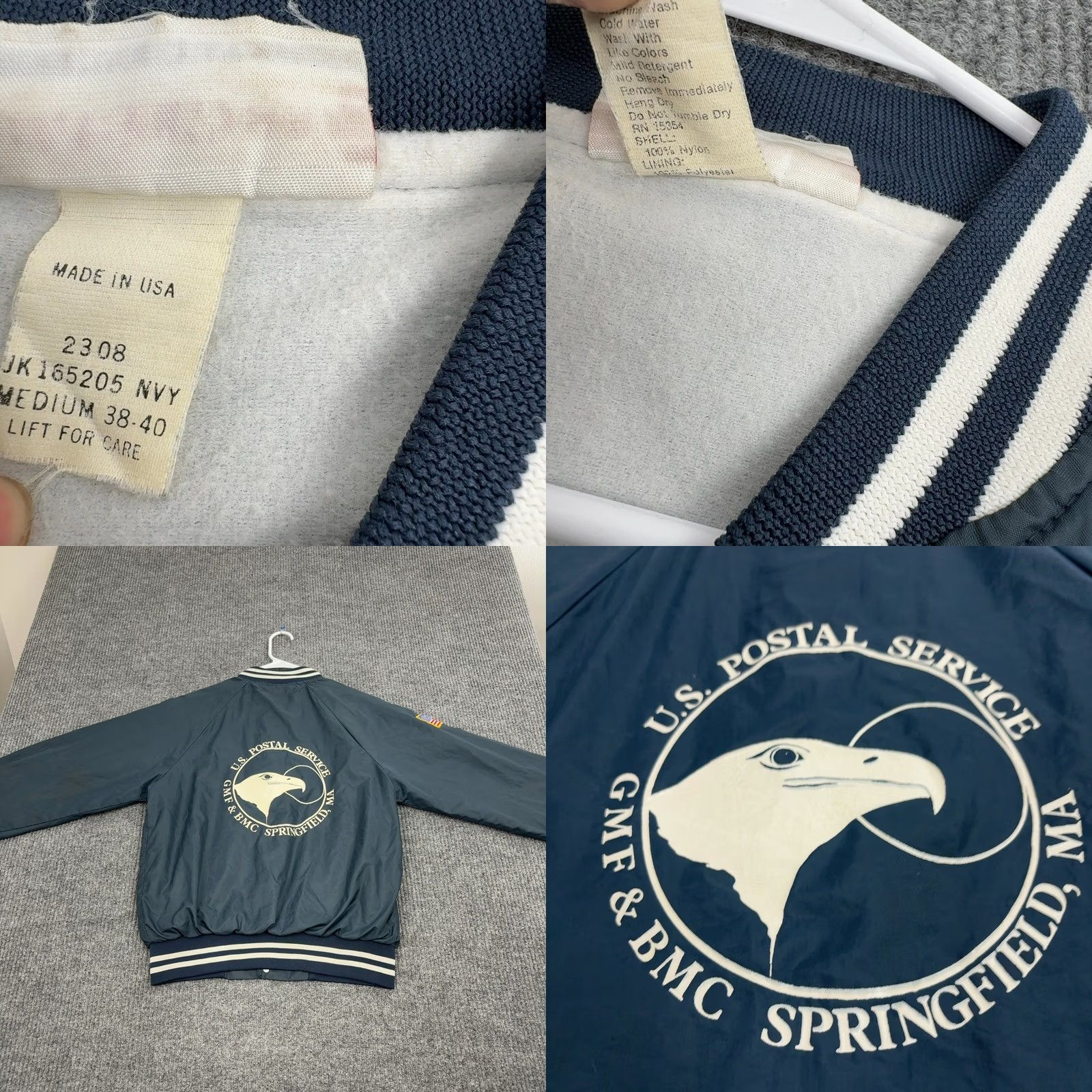 Springfield VINTAGE Hartwell USPS Bomber Jacket Mens M Navy Blue Casual Workwear 46 in Chest Stand-Up Collar Embroidered Eagle Logo Springfield MA Mens Size US M / EU 48-50 / 2 - 8 Thumbnail