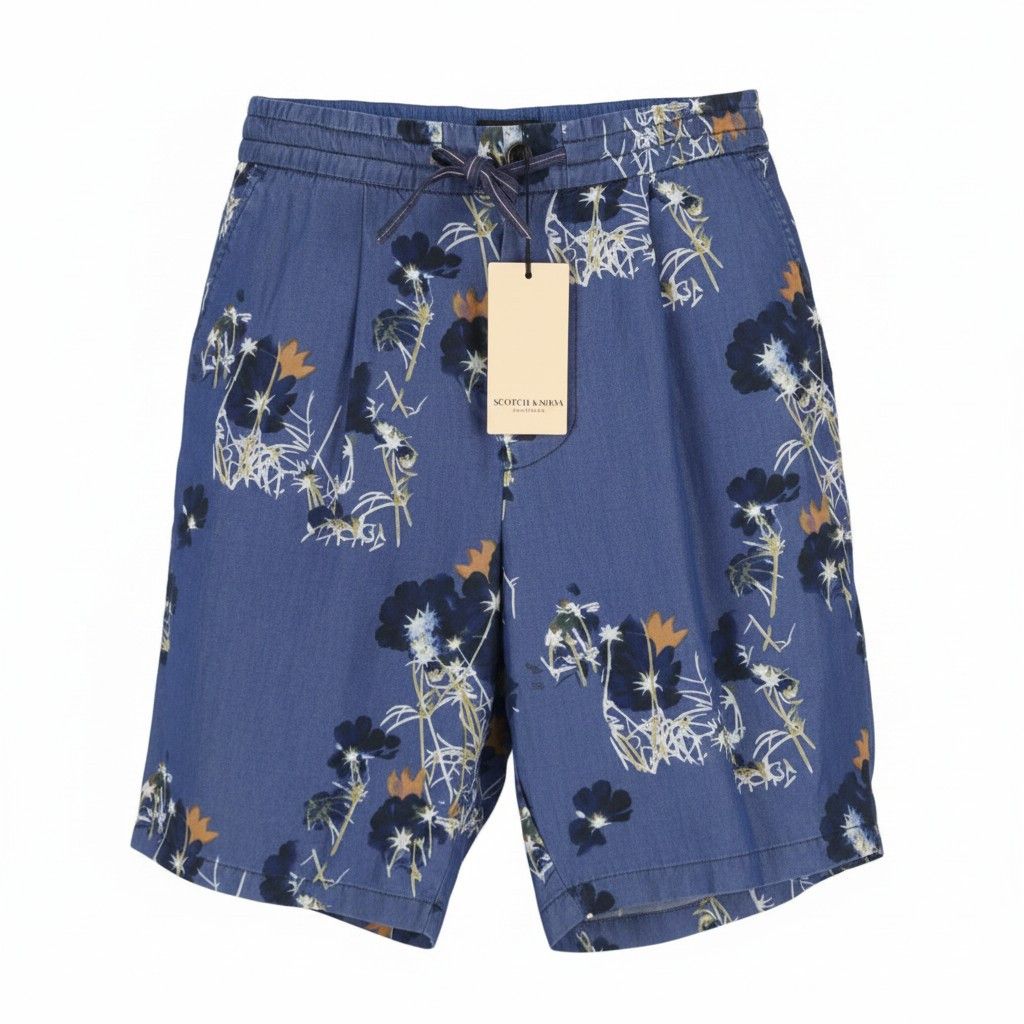 Scotch & Soda W33 Blue Floral Print Pleated Tencel Chino Shorts 91023 Size US 33 - 1 Thumbnail