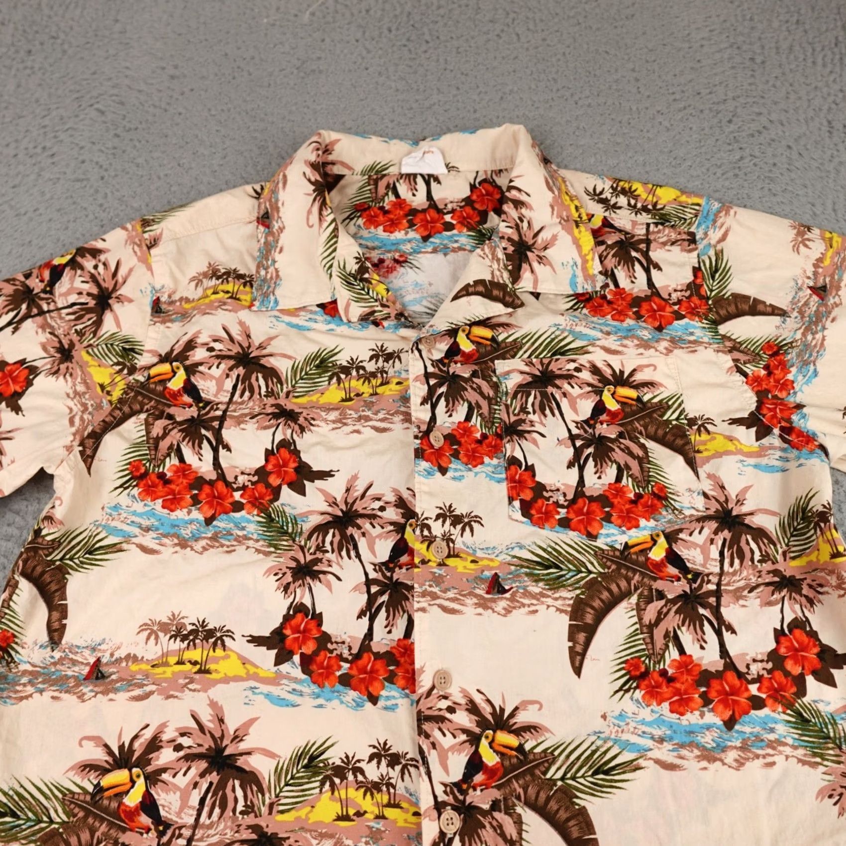 Paradise Barefoot In Paradise Men's Shirt M Brown Floral Bird Print Tropical Button-Up Short Sleeve Casual Size US M / EU 48-50 / 2 - 3 Thumbnail