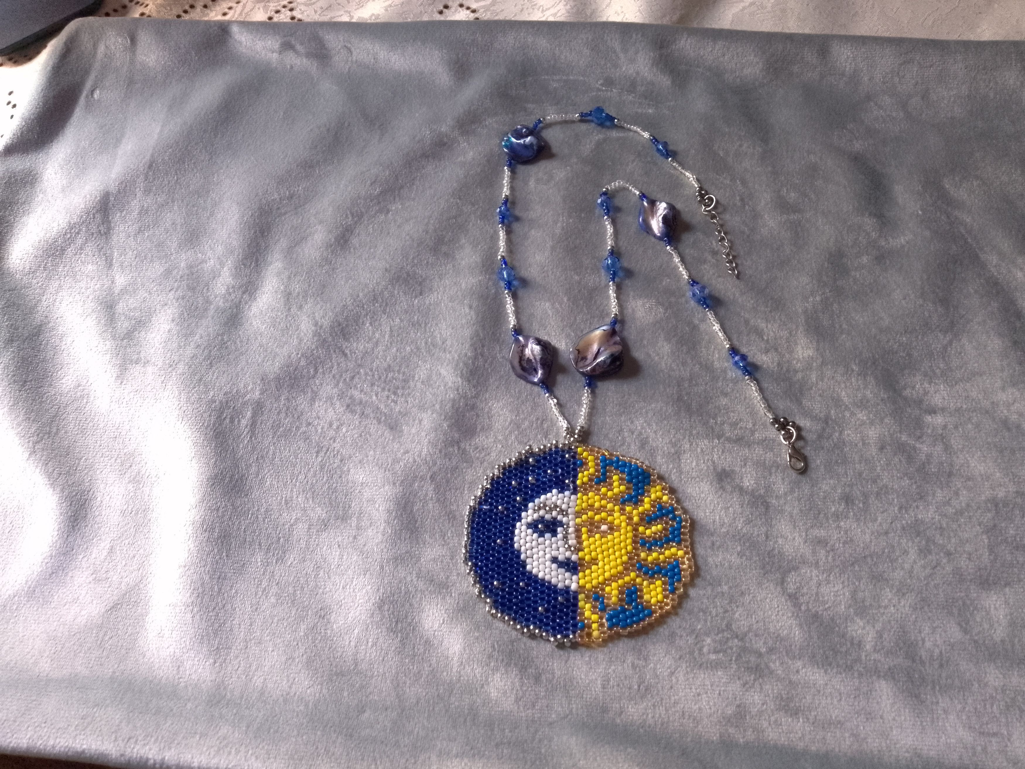 Handmade Necklace Long Blue Mothe of Pearl Beaded Pendant Sun Moon Size ONE SIZE - 7 Thumbnail