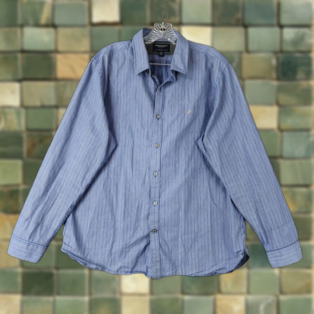 American Eagle Outfitters American Eagle Blue Striped Button Up Long Sleeve Slim Size XL Mens Size US XL / EU 56 / 4 - 1 Thumbnail