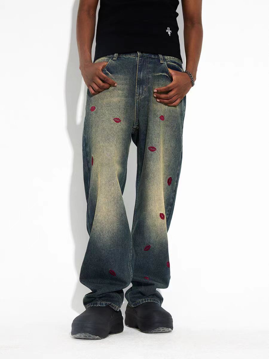 image of Lipstick Embroidered Washed And Aged Yellow Clay Jeans in Faded Blue, Men's (Size 30)