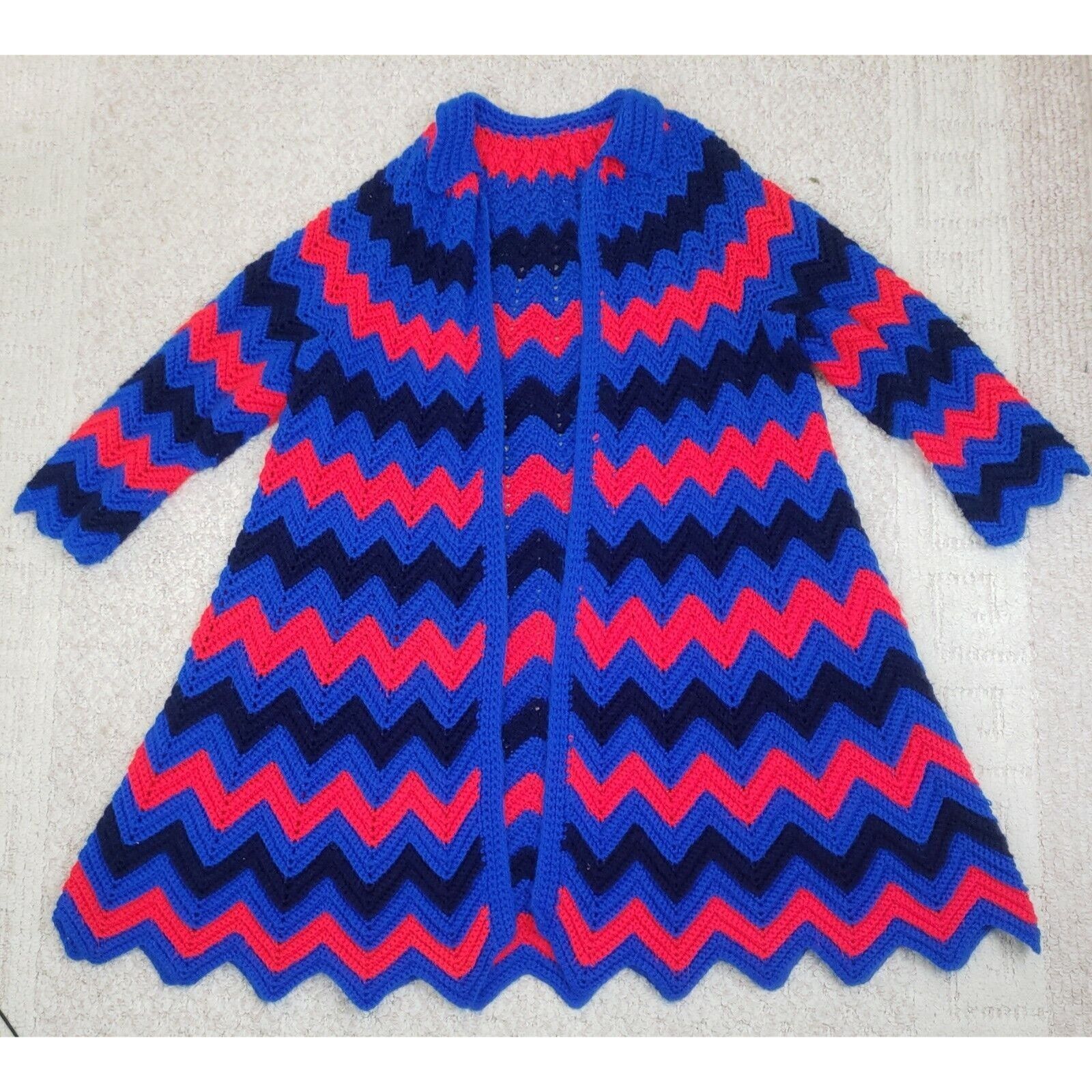 Handmade Crochet Granny Square Coat XL Cardigan Handmade Afghan Chevr Size XL / US 12-14 / IT 48-50 - 2 Thumbnail