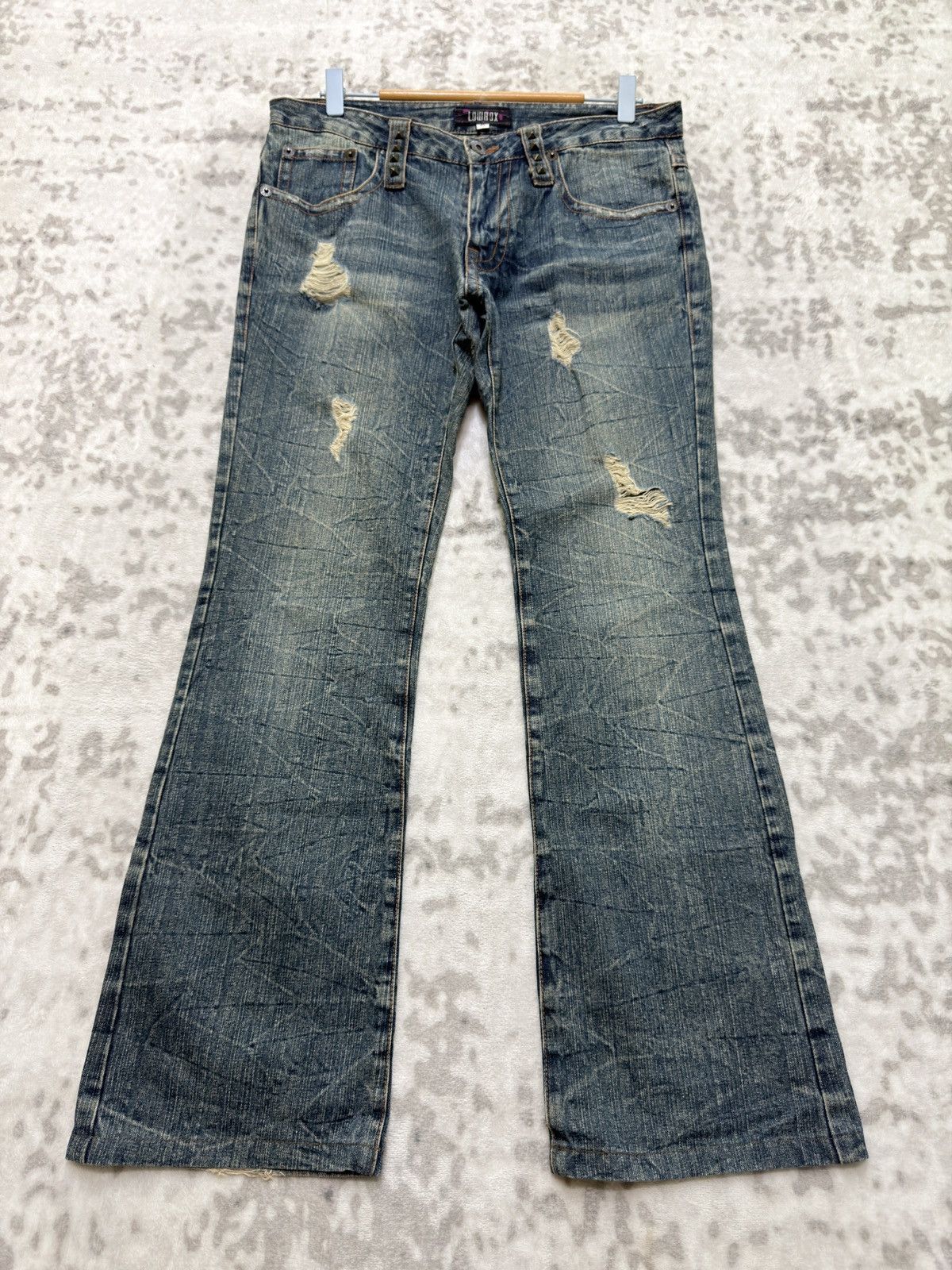 If Six Was Nine Y2K Lowbox Distressed Studded Low Rise Flare Denim Jeans Size US 31 - 1 Thumbnail
