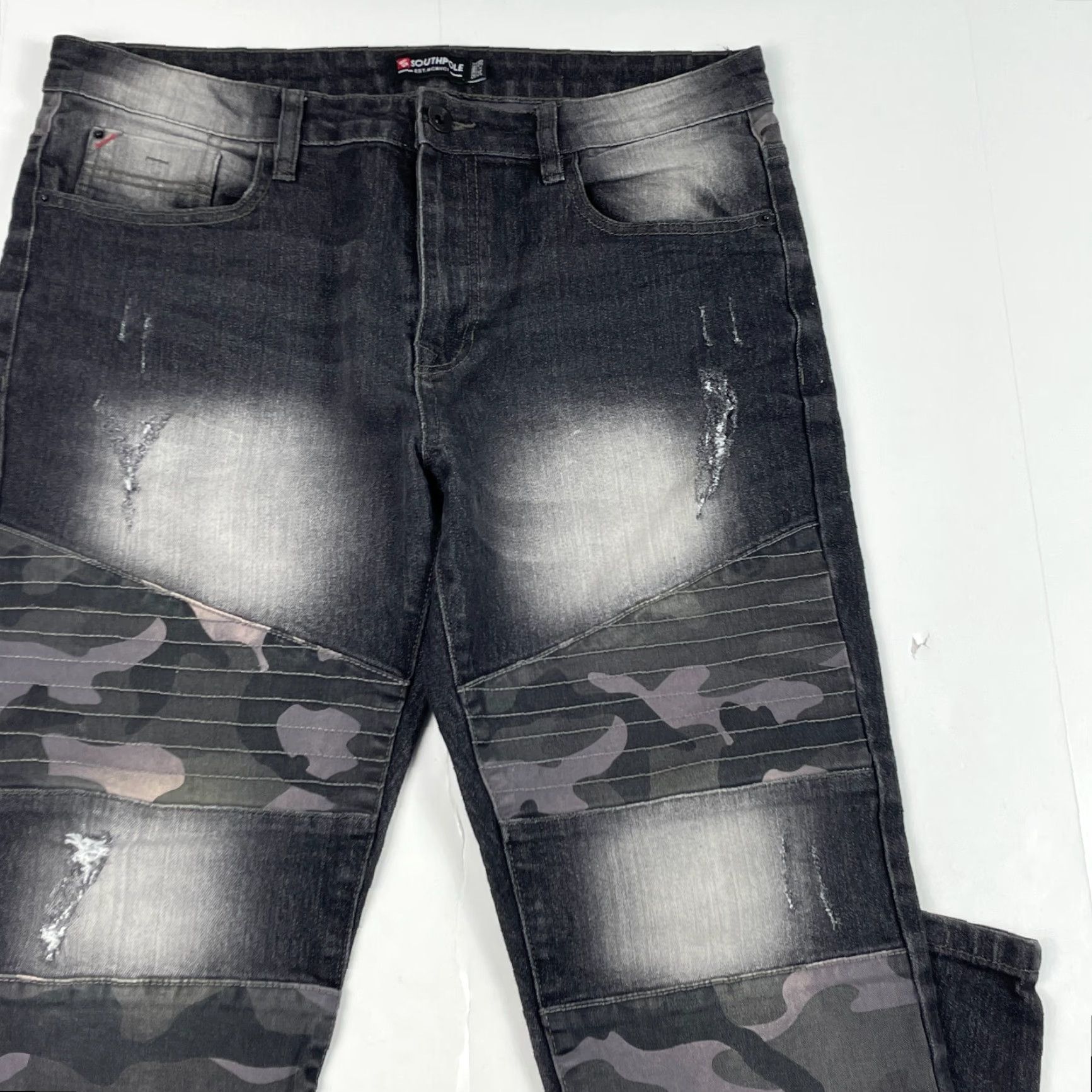 Southpole Southpole Jeans Mens 34 x 30 Black Camouflage Skinny Denim Moto Distressed Jeans Biker 5-Pocket Regular Rise Mid Denim Shirt? Size US 34 / EU 50 - 3 Thumbnail