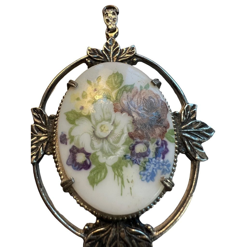 Other Vintage Silver Tone Pendant Art Deco Glass Cabochon Flowers Size ONE SIZE - 2 Thumbnail