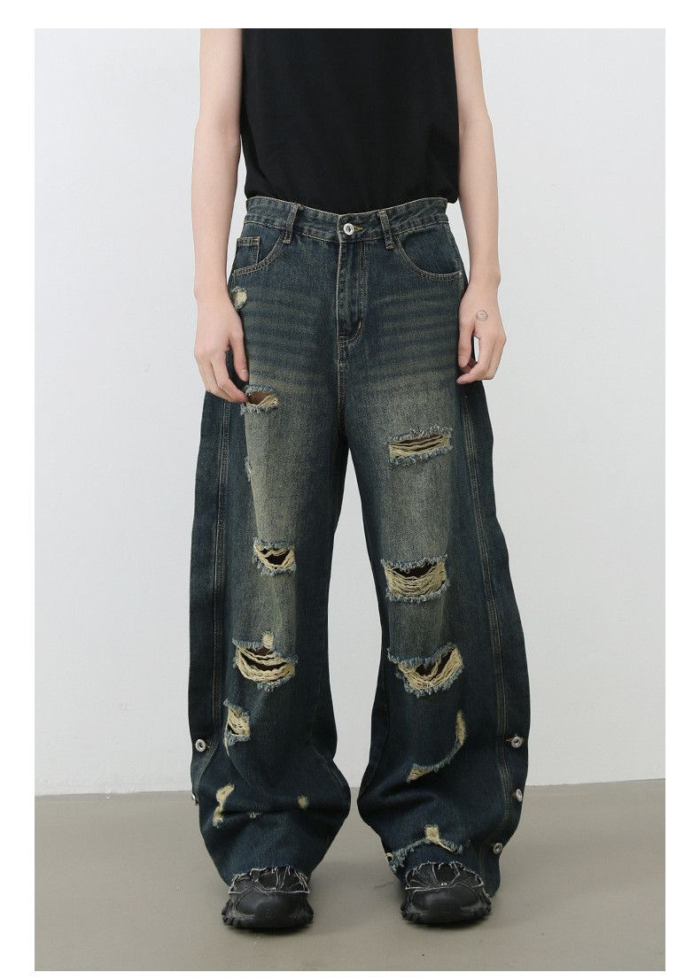 Japanese Brand × Vintage Men's loose straight raw edge washed wide-leg ripped jeans Size US 32 / EU 48 - 1 Thumbnail