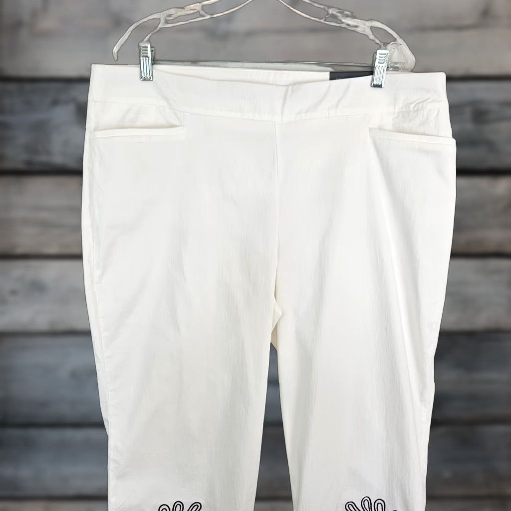 Vintage Chico's Womens Brigitte Slim Leg Crop Pants XL Petite White Blue Embroidered Cropped Pant Adult Womens White Embroidered Size 40" / US 18 - 1 Thumbnail