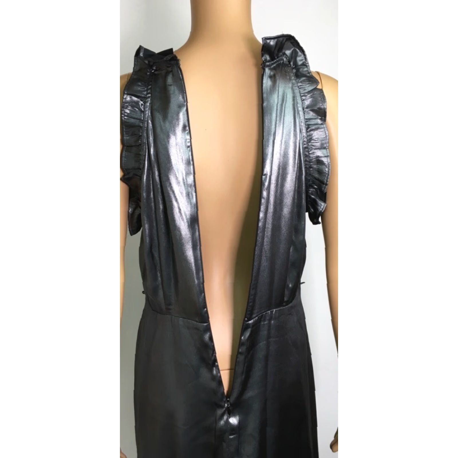 Vintage Who What Wear Womens Cocktail Dress Metallic Gunmetal Ruffle Sleeveless S New Midi Halter Zip 100% Polyester Solid Dress Womens Size S / US 4 / IT 40 - 6 Thumbnail