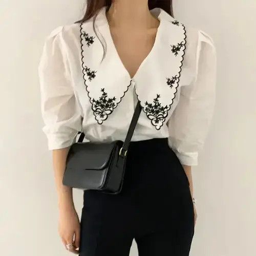 Japanese Brand Blouse Flower Half Sleeve White Shirt Spring Autumn Womens Size M / US 6-8 / IT 42-44 - 3 Thumbnail