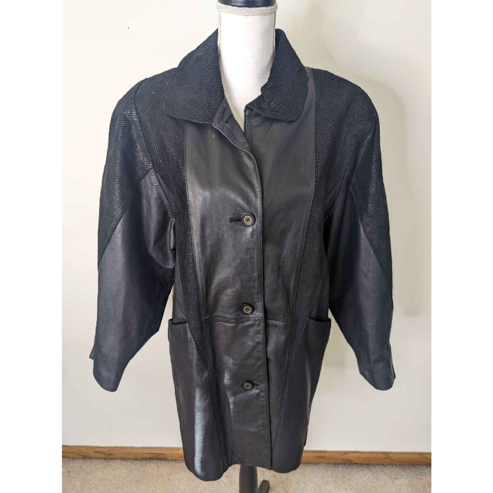 Vintage VINTAGE 80s Black Leather Leopard Patchwork Women's Coat Jacket Sz M Relaxed 10/12 Leather Leopard Glam Rock Jazz Style Woman Mens Womens Boys Girls Size M / US 6-8 / IT 42-44 - 2 Thumbnail