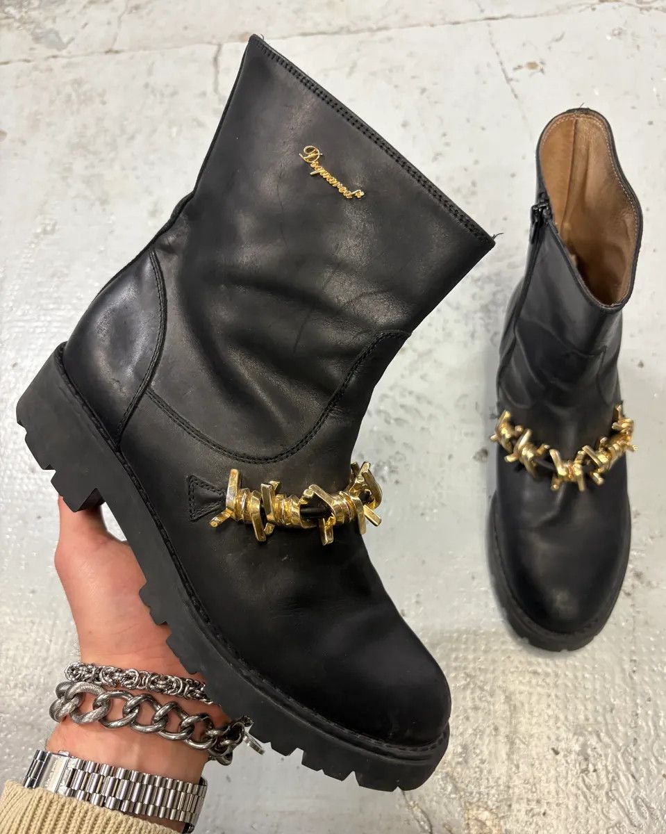 Dsquared2 2010s Dsquared2 Black Leather Gold Chain Ankle Boot Size US 7 / IT 37 - 1 Thumbnail