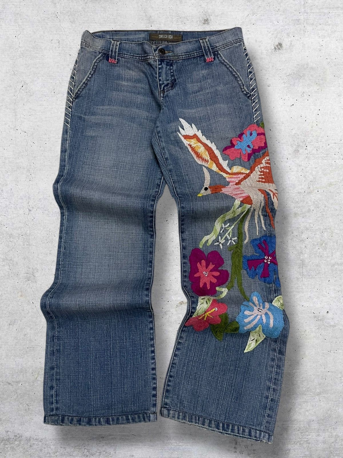 Tornado Mart VINTAGE SWITCH USA 90S OG DESIGNER EMRBOIDERED PHOENIX DENIM Size US 29 - 1 Thumbnail