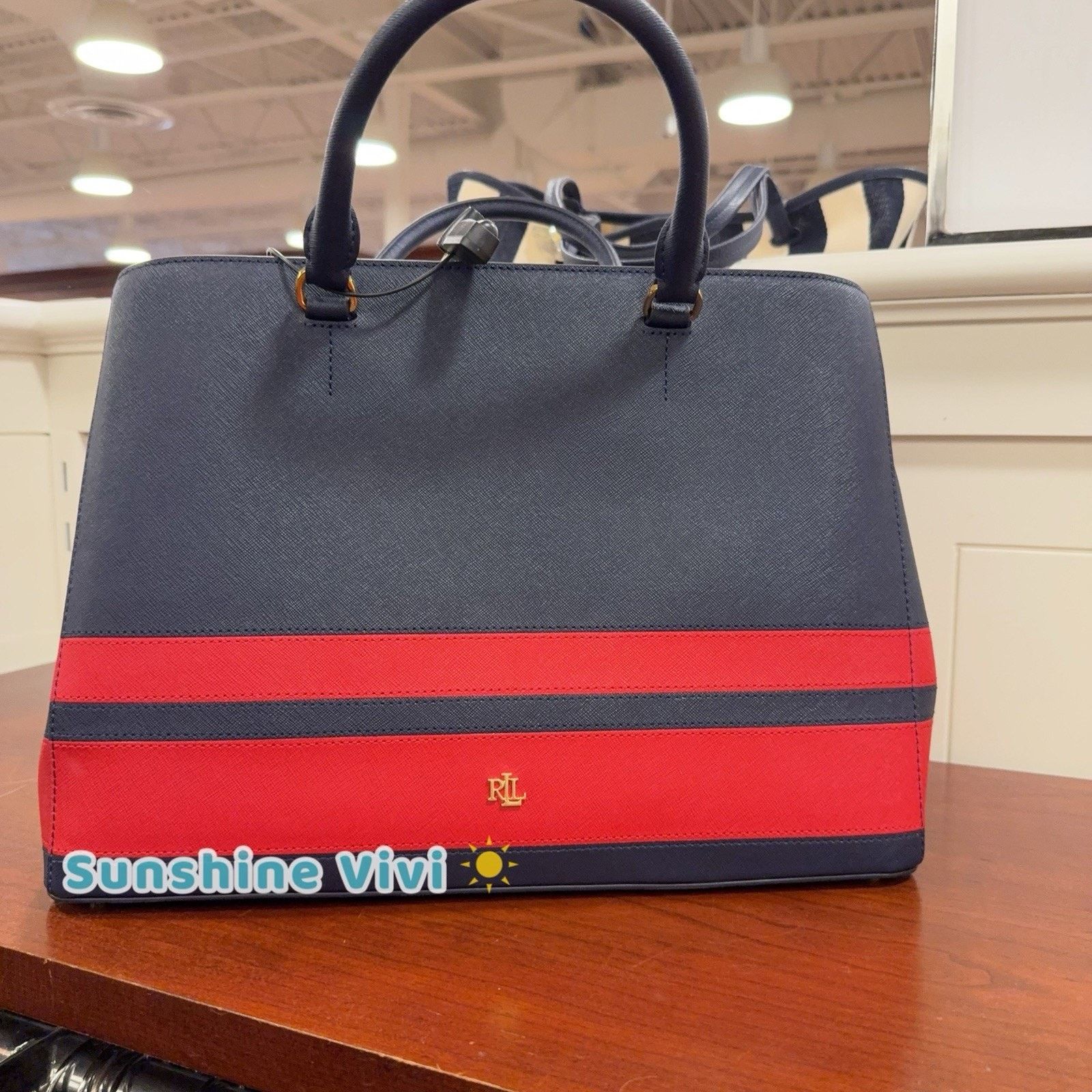 Polo Ralph Lauren NWT Ralph Lauren Crosshatch Large Hanna Satchel Stripe Navy Size ONE SIZE - 4 Thumbnail