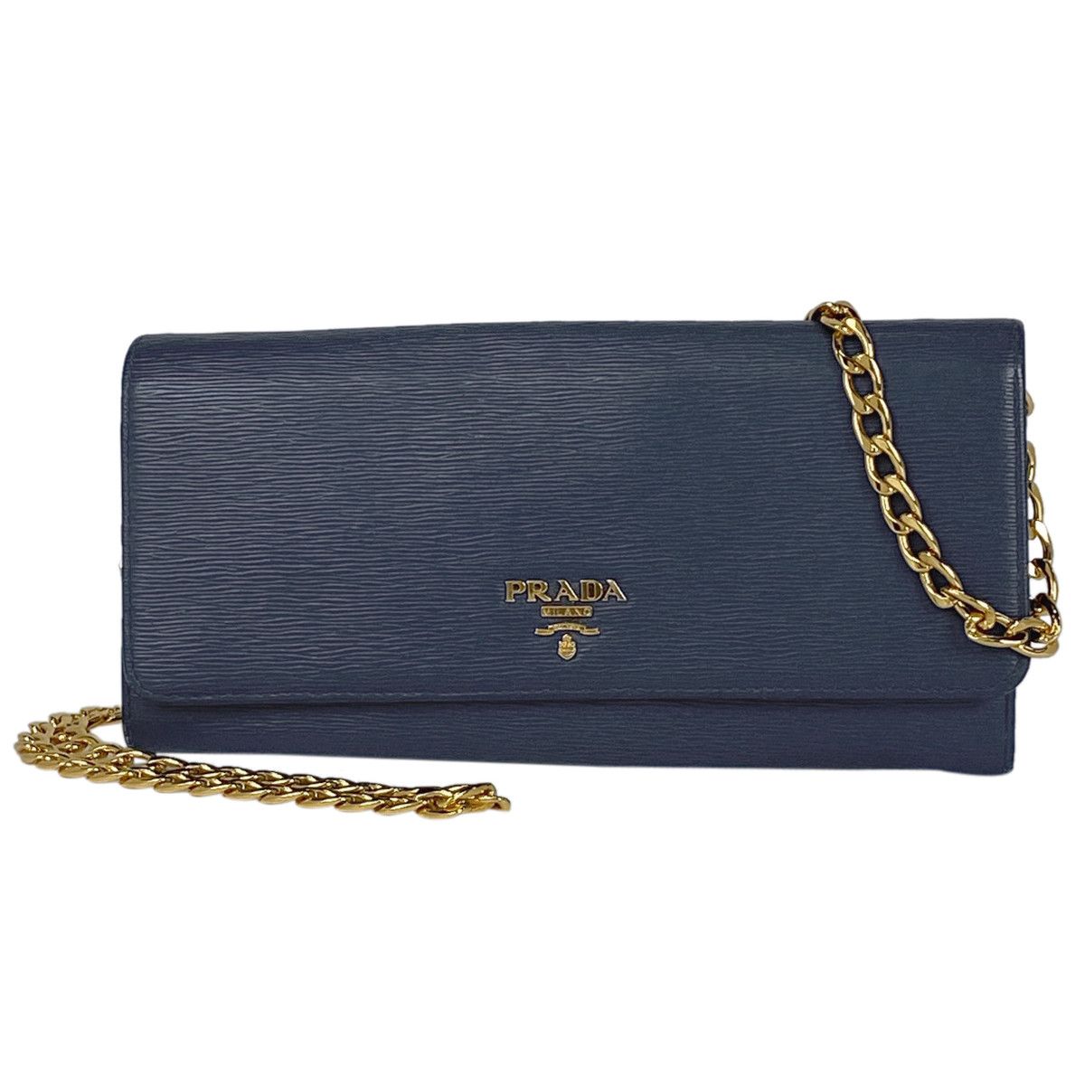 image of Prada Logo Bifold 2Way Chain Wallet Shoulder Bag Long Wallet Leather Blue, Women's