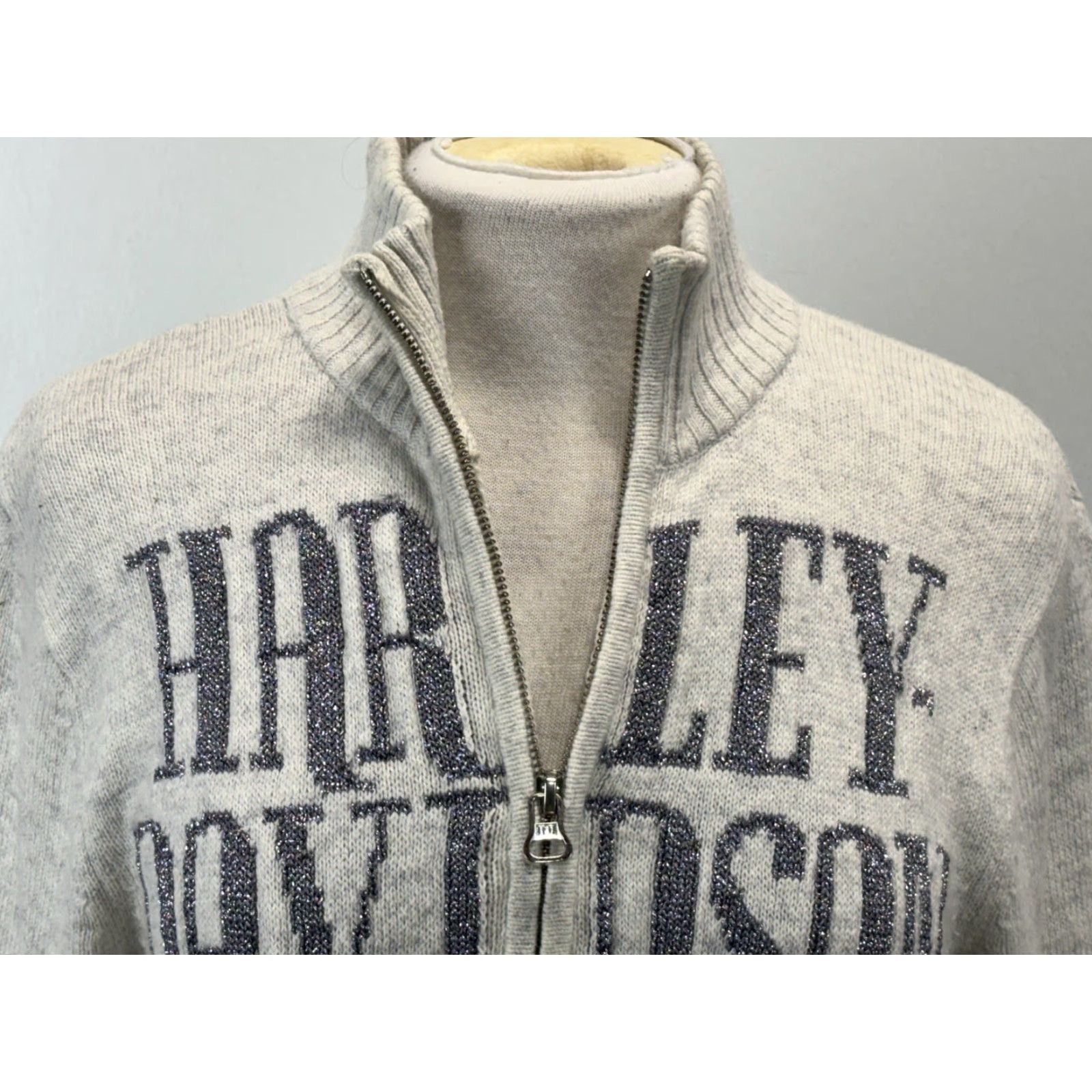 Harley Davidson VINTAGE Harley-Davidson Sweater Women's XL Gray 1/4 Zip Mock Neck Pullover Knit Sweatshirt Size XL / US 12-14 / IT 48-50 - 5 Thumbnail