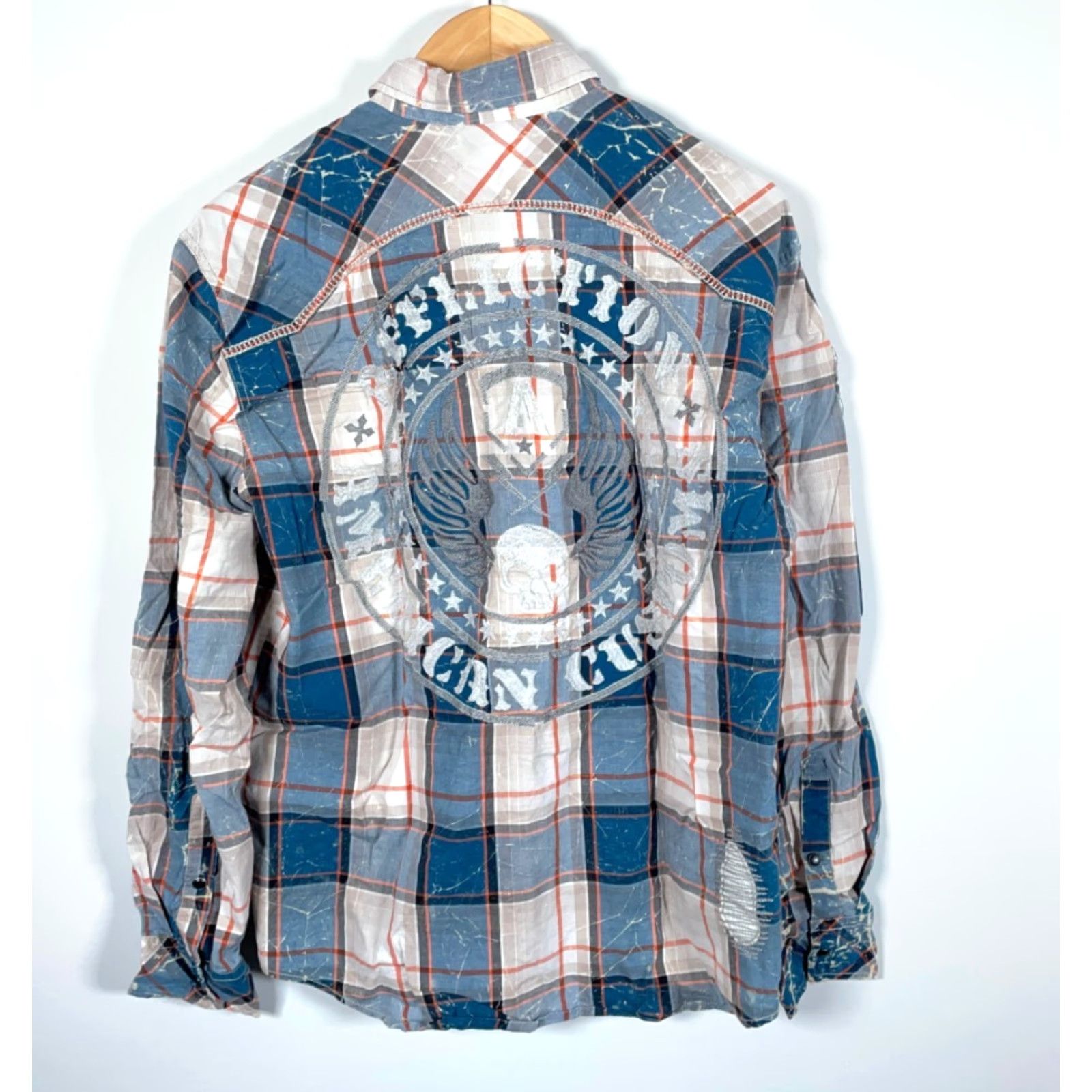 Affliction Affliction Shirt Western Plaid Long Sleeve Button-Up XL Men Blue Cotton Spandex Faux Distressing Embroideries Pearl Snap XLarge Vintage No Size US XL / EU 56 / 4 - 2 Thumbnail