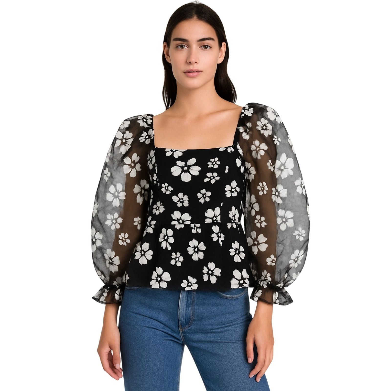 Other Storia Puff Sleeve Sheer Black and White Floral Blouse Party Size S / US 4 / IT 40 - 1 Thumbnail