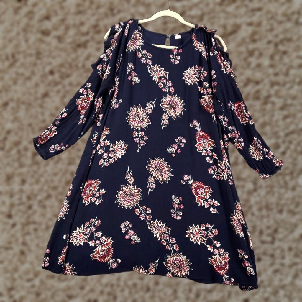 Old Navy VINTAGE Old Navy Womens Dress Blue Floral Lined Short Shift Cotton Blend Purple? Wait. Size L / US 10 / IT 46 - 1 Thumbnail
